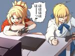  &gt;:) 2girls ahoge angry artoria_pendragon_(all) bandeau blonde_hair blue_skirt bow clenched_hand clenched_teeth closed_eyes controller fang fate/apocrypha fate/stay_night fate_(series) flying_sweatdrops game_console green_eyes hair_bow jacket_on_shoulders long_hair monitor mordred_(fate)_(all) multiple_girls open_mouth parody playstation playstation_3 ponytail saber saber_of_red seiza shirt sitting skirt sweatdrop table teeth white_shirt yamany 