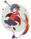  1girl black_hair black_skirt cape cardboard child fighting_stance grey_eyes iesupa multicolored_hair petals redhead ruby_rose rwby scythe shoes skirt sneakers solo younger 