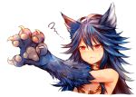  10s 1girl absurdres animal_ears blue_hair claws commentary_request fenrir_(shingeki_no_bahamut) frown fur glint granblue_fantasy highres jewelry long_hair outstretched_arm paws red_eyes shingeki_no_bahamut solo squiggle sukemyon sweatdrop upper_body wolf_ears 