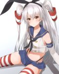  1girl amatsukaze_(kantai_collection) animal_ears bare_shoulders black_panties blue_skirt blush breasts brown_eyes buttons closed_mouth collarbone cosplay elbow_gloves gloves gradient gradient_background hair_between_eyes hair_ribbon hair_tubes hechi_(hechi322) kantai_collection long_hair looking_at_viewer miniskirt navel panties pleated_skirt rabbit_ears ribbon sailor_collar shimakaze_(kantai_collection) shimakaze_(kantai_collection)_(cosplay) silver_hair sitting skirt small_breasts solo striped striped_legwear thigh-highs thong twintails underwear white_gloves 