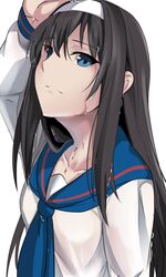  1girl arm_up black_hair blue_eyes hairband long_hair looking_at_viewer sailor_collar school_uniform shiseki_hirame solo tears tohno_akiha tsukihime upper_body wet wet_hair white_background 