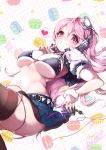  1girl absurdres bikini_top blush breasts cleavage headphones heart heart-shaped_pupils highres kanola_u large_breasts long_hair looking_at_viewer microphone midriff nitroplus open_mouth pink_eyes pink_hair skindentation solo super_sonico symbol-shaped_pupils thigh-highs vintage_microphone 
