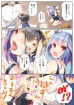  &gt;_&lt; 1boy :d admiral_(kantai_collection) blue_hair brown_hair comic folded_ponytail gradient_hair hairband highres i-19_(kantai_collection) inazuma_(kantai_collection) kantai_collection long_hair military military_uniform multicolored_hair naval_uniform open_mouth out_of_frame petting red_eyes remodel_(kantai_collection) ro-500_(kantai_collection) school_swimsuit school_uniform serafuku silver_hair smile swimsuit tokitsukaze_(kantai_collection) translation_request tri_tails uniform xd yume_no_owari yuudachi_(kantai_collection) 