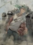  1girl closed_mouth copyright_name denim dutch_angle floating_hair green_eyes green_hair hand_on_hip hatsune_miku jacket jeans looking_to_the_side mask open_clothes open_jacket outdoors pants shirt shuzi solo_focus suna_no_wakusei_(vocaloid) twintails vocaloid 