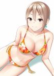  10s 1girl arm_support bangs bikini blonde_hair blush breasts brown_eyes closed_mouth collarbone earrings eyebrows_visible_through_hair floral_print hair_between_eyes idolmaster idolmaster_cinderella_girls jewelry large_breasts looking_at_viewer navel platinum_blonde shiomi_shuuko short_hair side-tie_bikini sidelocks simple_background sitting smile solo swimsuit thighs umihotaru_harumare white_background yellow_bikini 