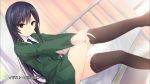  1girl artist_name bed black_hair black_legwear blue_jacket blue_necktie bow coffee-kizoku dutch_angle end_card eyebrows_visible_through_hair green_skirt hair_bow hajimete_no_gal highres indoors jacket jewelry kashii_yui long_hair looking_at_viewer miniskirt necktie pleated_skirt red_eyes ring shirt sitting skirt solo thigh-highs very_long_hair white_shirt window 