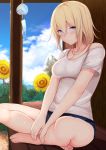  1girl allison_(summer_lesson) barefoot blonde_hair blue_eyes daiaru denim denim_shorts highres jewelry legs_crossed looking_at_viewer necklace outdoors short_hair short_shorts shorts sitting smile solo summer_lesson sweat 