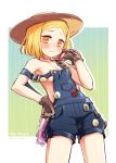  1girl badge blonde_hair blush breasts chainsaw commentary_request cowboy_shot fate/grand_order fate_(series) gloves hat leaning_back looking_at_viewer medium_breasts no_bra orange_eyes overalls paul_bunyan_(fate/grand_order) reika_(clovia_studio) short_hair smiley_face solo strap_slip wavy_mouth 