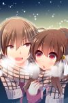  1boy 1girl brother_and_sister brown_hair hano_haruka little_busters!! long_hair natsume_kyousuke natsume_rin open_mouth ponytail red_eyes scarf school_uniform shared_scarf siblings snow upper_body 