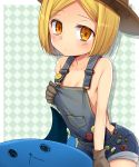  1girl badge bangs blonde_hair button_badge checkered checkered_background fate/grand_order fate_(series) gloves hat looking_at_viewer marimo_danshaku naked_overalls overalls parted_bangs paul_bunyan_(fate/grand_order) short_hair solo yellow_eyes 