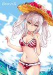  1girl artist_name beach bikini blue_eyes blush breasts collarbone eyebrows_visible_through_hair frilled_bikini frills hair_between_eyes hand_to_own_mouth hat highres kantai_collection kashima_(kantai_collection) long_hair looking_at_viewer medium_breasts mousoup navel outdoors polka_dot polka_dot_bikini red_bikini silver_hair smile solo splashing straw_hat striped striped_bikini swimsuit twintails upper_body waves 