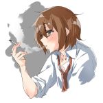  1girl bangs blush brown_eyes brown_hair cigarette collared_shirt ebifurya eyebrows_visible_through_hair hair_between_eyes highres holding holding_cigarette kantai_collection looking_to_the_side multicolored multicolored_background necktie parted_lips profile red_necktie shirt short_hair sleeves_rolled_up smoke smoking solo two-tone_background upper_body wakaba_(kantai_collection) white_shirt 