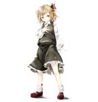  1girl blonde_hair frilled_skirt frills full_body gorilla_(bun0615) hair_ribbon hand_on_own_chest highres ribbon rumia shirt short_hair simple_background skirt touhou vest white_background 