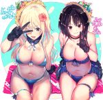  2girls atago_(kantai_collection) bikini bikini_skirt black_gloves black_hair blonde_hair blue_eyes breasts cafe_au_lait_(kafeore) choker cleavage collarbone eyebrows_visible_through_hair flower frilled_bikini frills fur_collar gloves grin hair_flower hair_ornament hat kantai_collection large_breasts long_hair looking_at_viewer multiple_girls navel one_eye_closed open_mouth outside_border red_eyes short_hair sitting skindentation smile straw_hat striped striped_bikini swimsuit takao_(kantai_collection) thigh_strap towel translation_request v 