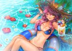  1girl animal_ears bad_id bad_pixiv_id bikini blue_bikini breasts cleavage collarbone ears_through_headwear ells fang fate/grand_order fate_(series) flower food fox_ears fox_tail hat ice large_breasts long_hair looking_at_viewer navel ocean one_eye_closed open_mouth outdoors pink_hair solo swimsuit tail tamamo_(fate)_(all) tamamo_no_mae_(swimsuit_lancer)_(fate) water yellow_eyes 