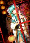  1girl absurdres aqua_hair bangs blurry blush closed_mouth cowboy_shot depth_of_field emanon123 eyebrows_visible_through_hair fan fate/grand_order fate_(series) folding_fan hair_ornament highres horns japanese_clothes kimono kiyohime_(fate/grand_order) lampion long_hair long_sleeves looking_at_viewer smile solo thigh-highs white_legwear wide_sleeves yellow_eyes 