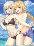  2girls :d ahoge bare_shoulders bikini black_bikini blonde_hair blue_eyes blue_sky braid breasts brown_eyes cleavage clouds cloudy_sky contrapposto cowboy_shot day eyebrows_visible_through_hair fate/grand_order fate_(series) front-tie_bikini front-tie_top halterneck highres jeanne_alter large_breasts long_hair mashu_003 multiple_girls navel o-ring_bottom o-ring_top open_mouth outdoors ruler_(fate/apocrypha) sarong short_hair silver_hair sky smile swimsuit wading 
