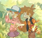  1boy 1girl annoyed bags_under_eyes baseball_cap blush book borrowed_garments braces brother_and_sister brown_hair brown_shorts dipper_pines flower forest gravity_falls hairband half-closed_eyes hand_holding happy hat holding long_hair mabel_pines nature open_mouth pink_sweater profile purple_skirt red_shirt sanako_(sanagineko46) shirt shooting_star shorts siblings skirt sleeveless_jacket smile star star_print sweatdrop sweater t-shirt tired tree tree_print turtleneck twins walking 