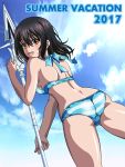  1girl 2017 ass bikini black_hair blue_bikini blue_eyes brown_eyes clouds cowboy_shot from_behind from_below highres himeragi_yukina kororofu lance long_hair open_mouth polearm sky solo strike_the_blood striped striped_bikini swimsuit weapon 