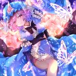  1girl absurdres album_cover blue_hat blue_kimono butterfly closed_mouth commentary_request cover hat highres japanese_clothes kimono light_smile long_sleeves looking_at_viewer mob_cap obi pink_eyes pink_hair saigyouji_yuyuko sash short_hair solo sweetroad tears touhou triangular_headpiece white_flower wide_sleeves 