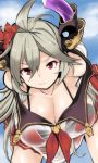  10s 1girl ahoge bangs bikini bikini_under_clothes blue_sky breasts cleavage clouds cloudy_sky collarbone doraf ewokakuman flower granblue_fantasy grey_hair hair_flower hair_ornament horns large_breasts leaning_forward long_hair looking_at_viewer neckerchief off_shoulder outdoors red_bikini red_eyes red_flower red_neckerchief red_skirt sailor_collar sailor_shirt sarasa_(granblue_fantasy) see-through shirt skirt sky solo swimsuit wet wet_clothes 