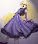 1girl blonde_hair dress elbow_gloves fur_jacket fur_trim gloves graphite_(medium) gravity_falls light_particles long_hair looking_up marker_(medium) melon_(melon_cream_soda) open_mouth pacifica_northwest purple_dress purple_gloves red_eyes rubble solo torn_clothes torn_dress traditional_media very_long_hair 
