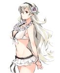  1girl absurdres arms_behind_back bikini bikini_skirt bikini_tan breasts cleavage female_my_unit_(fire_emblem_if) fire_emblem fire_emblem_heroes fire_emblem_if flower flower_necklace front-tie_bikini front-tie_top gebyy-terar hair_flower hair_ornament hairband highres jewelry long_hair medium_breasts my_unit_(fire_emblem_if) navel necklace pointy_ears red_eyes simple_background sketch smile solo swimsuit tan tanline white_background white_bikini white_hair 