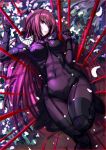  1girl bangs bodysuit breasts covered_navel emanon123 fate/grand_order fate_(series) gae_bolg hair_intakes long_hair looking_at_viewer lying medium_breasts on_back parted_lips pauldrons polearm purple_bodysuit purple_hair red_eyes scathach_(fate/grand_order) solo spear very_long_hair weapon 