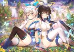  2girls arm_support asymmetrical_legwear black_hair black_legwear blue_eyes blue_hair blue_ribbon breasts butterfly cleavage clouds cloudy_sky covered_navel day detached_sleeves field floating_hair flower flower_field hair_ribbon high_ponytail highres large_breasts long_hair medium_breasts multicolored_hair multiple_girls outdoors pink_ribbon rainbow repi ribbon sangai_senki silver_hair sitting sky smile thigh-highs tree two-tone_hair very_long_hair water white_legwear 