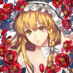  1girl bangs bare_arms bare_shoulders black_hat blonde_hair bow braid breasts cleavage commentary_request eyebrows eyebrows_visible_through_hair flower hair_bow hat hat_bow hat_ribbon hibiscus highres kirisame_marisa long_hair nude parted_lips red_flower ribbon side_braid sidelocks single_braid small_breasts solo tcb touhou upper_body water_drop white_bow white_ribbon witch_hat yellow_eyes 