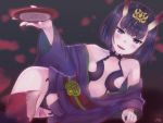  1girl alcohol blush bob_cut breasts cup fate/grand_order fate_(series) highres hips horns japanese_clothes kimono lying obi on_side oni oni_horns open_clothes open_kimono parted_lips purple_hair ramchi revealing_clothes sakazuki sake sash short_eyebrows shuten_douji_(fate/grand_order) small_breasts smile violet_eyes 