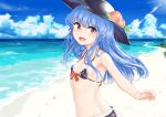  1girl bangs bare_arms beach bikini black_bikini black_hat blue_hair blue_sky blunt_bangs breasts clouds cloudy_sky day eyebrows_visible_through_hair food fruit halter_top halterneck hat highres hinanawi_tenshi long_hair momoiro_lettuce ocean open_mouth outdoors peach red_eyes sand sky small_breasts solo summer swimsuit touhou upper_body 