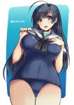  10s 1girl ahoge bangs black_eyes black_hair black_neckerchief blouse blue_swimsuit breasts cowboy_shot girls_und_panzer gluteal_fold hand_on_own_chest isuzu_hana large_breasts long_hair looking_at_viewer neckerchief no_pants ooarai_school_uniform open_mouth school_swimsuit school_uniform serafuku shinshin shirt_lift short_sleeves smile solo standing swimsuit swimsuit_under_clothes thigh_gap twitter_username white_blouse 