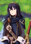  1girl blue_hair cape fire_emblem fire_emblem:_kakusei forest highres long_hair looking_at_viewer lucina nature outdoors pauldrons smile solo sword tiara tsuntail weapon 