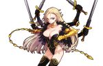  1girl bare_shoulders blonde_hair blue_eyes breasts choker cleavage collarbone cowboy_shot eiyuu_senki gilgamesh_(eiyuu_senki) holding holding_sword holding_weapon leotard long_hair looking_at_viewer mechanical_arm multiple_arms ooyari_ashito solo sword thigh-highs tongue tongue_out transparent_background weapon 