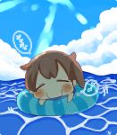  1girl artist_name blush brown_hair chibi closed_eyes clouds commentary_request day floating ina_(1813576) innertube kaga_(kantai_collection) kantai_collection light_rays long_hair musical_note ocean side_ponytail smile solo spoken_musical_note sunbeam sunlight water 