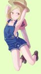  1girl :o arms_behind_back bent_knees blonde_hair blush boots breasts chainsaw fate/grand_order fate_(series) full_body green_background hat jumping looking_to_the_side naked_overalls overalls paul_bunyan_(fate/grand_order) short_hair sideboob small_breasts solo sumire_(pink_fluid) yellow_eyes 