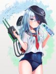  1girl akabane_hibame blue_eyes flat_cap hat hibiki_(kantai_collection) kantai_collection long_hair one-piece_swimsuit one_eye_closed ramune school_swimsuit school_uniform serafuku silver_hair smile solo swimsuit swimsuit_under_clothes turret water_gun wet wet_clothes 