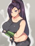  1girl bare_shoulders blush breasts collarbone curvy dragon_quest_xi fingerless_gloves gloves highres large_breasts lips long_hair looking_at_viewer martina_(dragon_quest_xi) moisture_(chichi) navel plump ponytail purple_hair solo sweat violet_eyes 