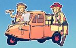  2girls aki_minoriko aki_shizuha alternate_costume blonde_hair blush_stickers boots box car cowboy_hat ground_vehicle hat meitei motor_vehicle multiple_girls open_mouth short_hair siblings sisters smile touhou western 