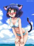  1girl animal_ears awa bikini blue_hair blush cat_ears cat_tail copyright_name cyan_(show_by_rock!!) day fang frilled_bikini frills glasses green_eyes hands_on_own_thighs hijirikawa_shian leaning_forward looking_at_viewer open_mouth outdoors over-rim_glasses pink-framed_eyewear semi-rimless_glasses short_hair show_by_rock!! sky solo swimsuit tail 