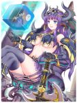  1girl animal_ears armor axe bangs bikini_armor black_legwear blue_eyes blunt_bangs blush breasts demon_girl demon_horns earrings hisho_collection holding holding_weapon horns jewelry large_breasts legs_crossed long_hair navel official_art parted_lips pauldrons purple_hair sidelocks sitting smile solo stomach thigh-highs throne toshi under_boob weapon 