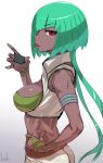  1girl :p armlet back bangs bare_shoulders blunt_bangs bob_cut bracelet breasts cleavage cowboy_shot crop_top dark_skin emerald_sustrai eyebrows_visible_through_hair from_side green_hair hand_on_hip hand_on_own_face highres jewelry kuroino_(0kuro8ino6) long_hair looking_at_viewer looking_back medium_breasts midriff navel pants red_eyes rwby simple_background sleeveless solo stomach tongue tongue_out white_background white_pants 