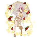  1girl :d bangs breasts cleavage collarbone food fruit full_body hair_ornament hairclip hand_on_lap jewelry leaning_forward lisbeth_(sao-alo) looking_at_viewer medium_breasts navel necklace official_art open_mouth parasol parted_bangs pink_eyes pink_hair pointy_ears sarong short_hair simple_background smile solo standing sword_art_online sword_art_online:_code_register thigh_strap umbrella watermelon white_background yellow_bikini_top 