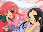  akihime_sumomo blush green_eyes green_hair happy highres long_hair lying multiple_girls nanatsuiro_drops pajamas pillow pillows pink_hair red_eyes short_hair smile wink yaeno_nadeshiko 