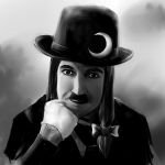  charlie_chaplin cosplay facial_hair hat lowres monochrome mustache parody patchouli_knowledge patchouli_knowledge_(cosplay) solo touhou tsuyuki what 