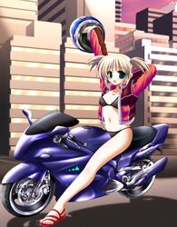  blonde_hair green_eyes helmet motor_vehicle motorcycle short_hair swimsuit twintails vehicle waiai 