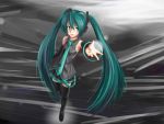  aqua_hair bad_id detached_sleeves hands hatsune_miku highres long_hair necktie outstretched_arm outstretched_hand reaching skirt t@kumi thigh-highs thighhighs twintails very_long_hair vocaloid 