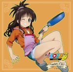  apron brown_eyes brown_hair cd_cover cover frying_pan lowres shorts slippers to_love-ru toloveru wink yuuki_mikan 