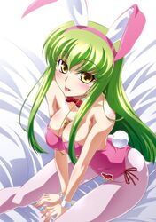  :p between_breasts breasts bunny_ears bunny_girl bunny_tail bunnysuit c.c. cc cleavage code_geass cosplay green_hair izumi_mahiru kallen_stadtfeld kallen_stadtfeld_(cosplay) leotard long_hair pantyhose pink_pantyhose rabbit_ears sitting tail tongue wrist_cuffs yellow_eyes 